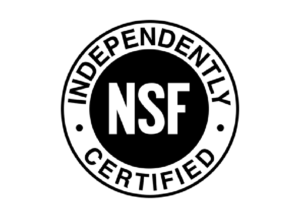This image displays the logo for NSF International, an independent organization that develops standards and certifies products to protect and improve global human health.